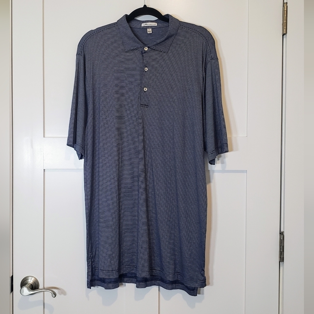 Peter Millar Golf Polo Shirt Pinstriped Navy Blue & White Sz Large 100% Cotton